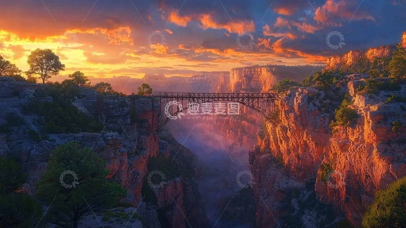 高清大图下载【趣麦麦图】峡谷夕阳下的古桥