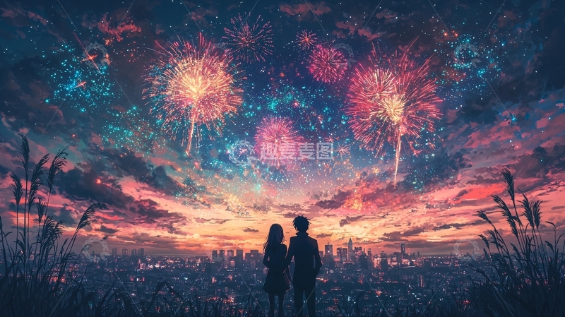 高清大图下载【趣麦麦图】烟花下的情侣剪影