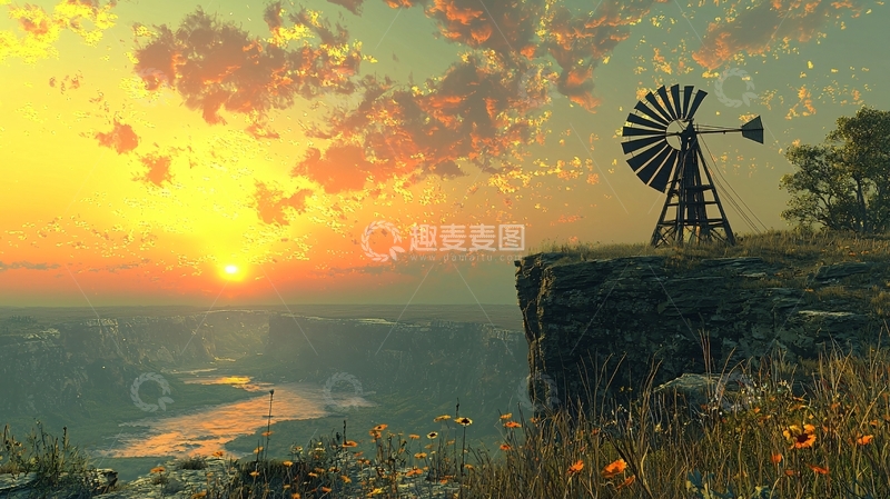 高清大图下载【趣麦麦图】日落剪影风车田园风景