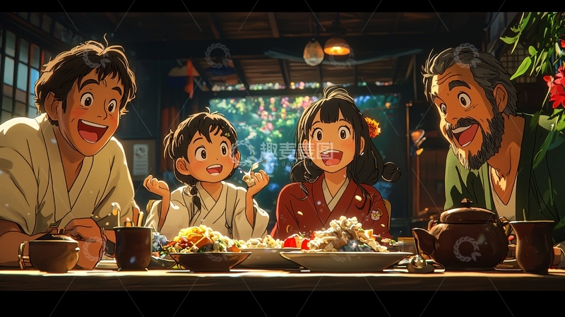 高清大图下载【趣麦麦图】温暖的家庭围坐餐桌