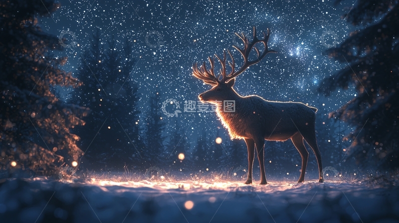 高清大图下载【趣麦麦图】雪夜森林里发光的驯鹿