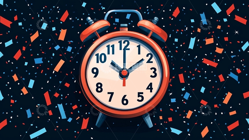 高清大图下载【趣麦麦图】红色闹钟彩带背景