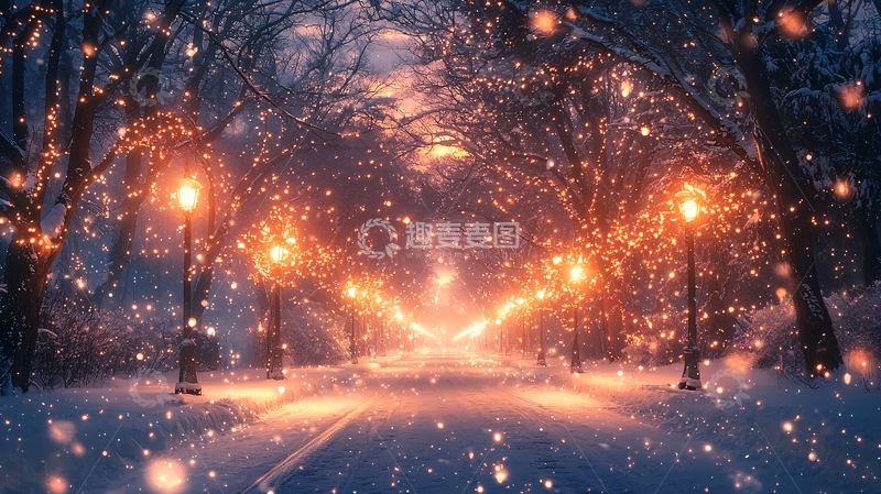 高清大图下载【趣麦麦图】冬夜雪景街道灯火