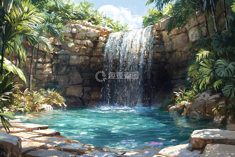 高清大图下载【趣麦麦图】热带雨林瀑布景观图