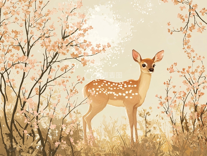 小鹿与粉色花树的唯美场景