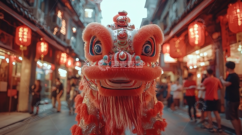 高清大图下载【趣麦麦图】舞狮表演街道场景