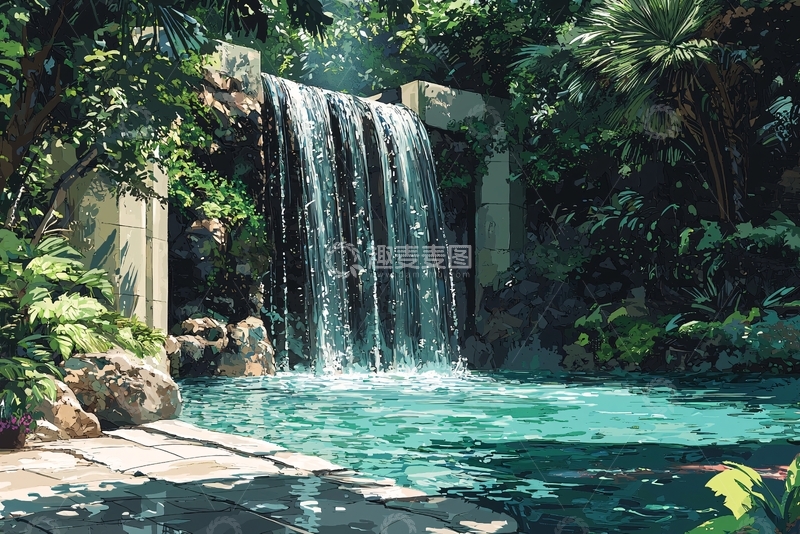 高清大图下载【趣麦麦图】茂密丛林中的瀑布