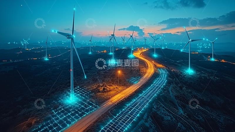 高清大图下载【趣麦麦图】夜幕下风力发电场与高速公路