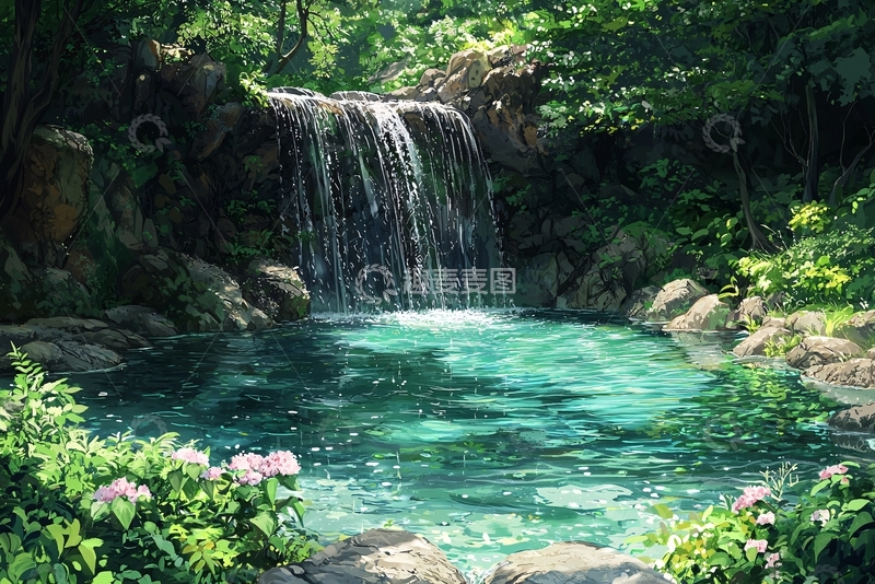 高清大图下载【趣麦麦图】绿树环绕下的清澈瀑布
