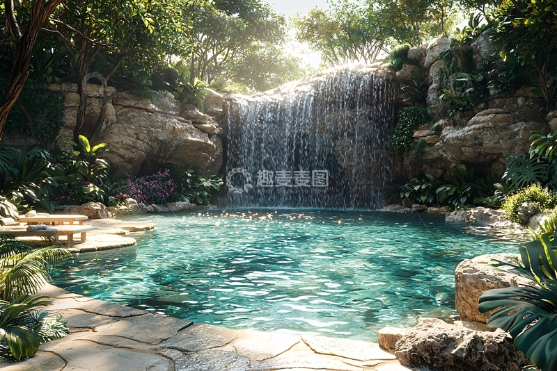 高清大图下载【趣麦麦图】热带雨林瀑布泳池