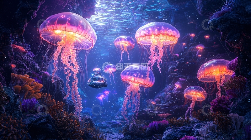 高清大图下载【趣麦麦图】深海发光水母群
