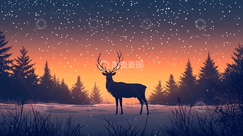 高清大图下载【趣麦麦图】冬夜森林雄鹿剪影