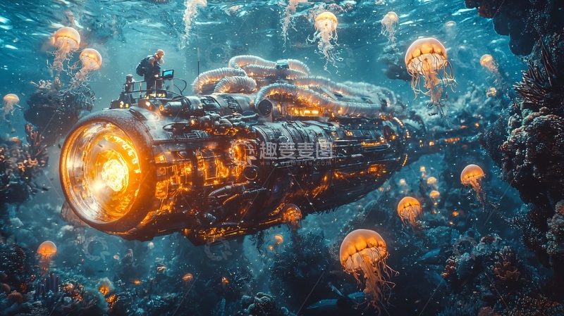 高清大图下载【趣麦麦图】深海机械飞船与水母