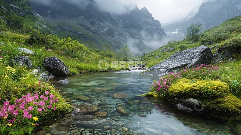 高清大图下载【趣麦麦图】山谷溪流雾气朦胧
