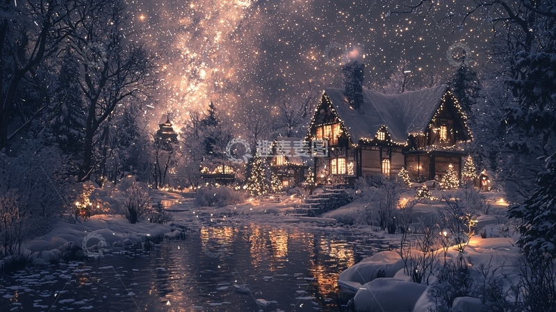高清大图下载【趣麦麦图】冬日雪夜小镇夜景