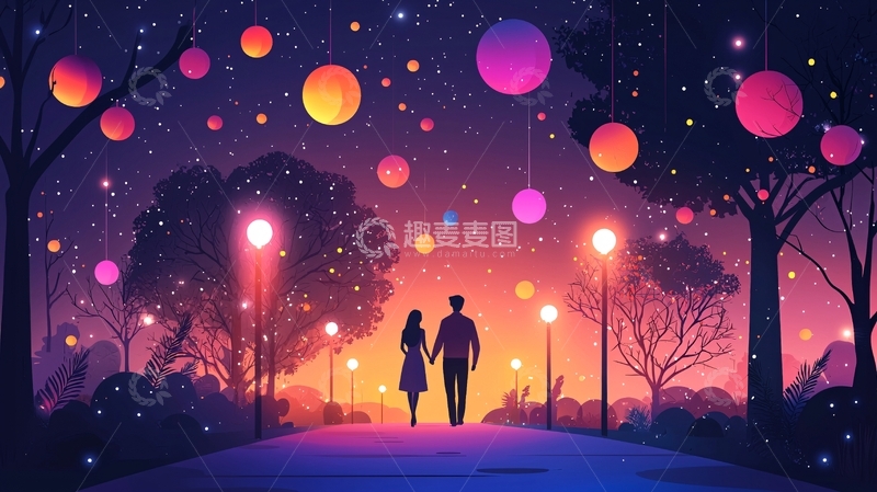 高清大图下载【趣麦麦图】梦幻浪漫情侣夜间漫步