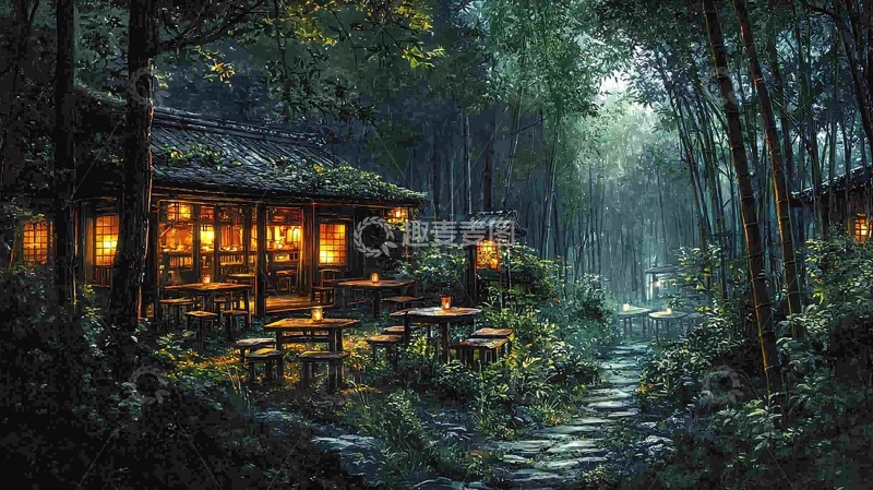高清大图下载【趣麦麦图】夜晚森林小屋
