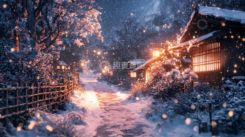 高清大图下载【趣麦麦图】冬夜雪景村庄