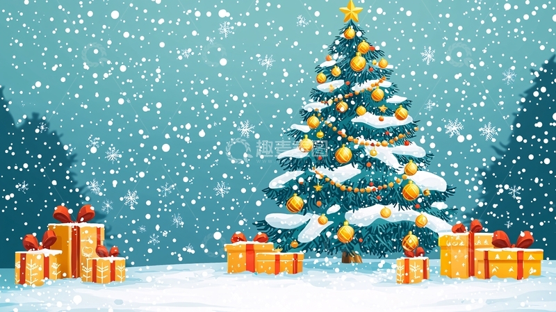 高清大图下载【趣麦麦图】下雪的圣诞树和礼物