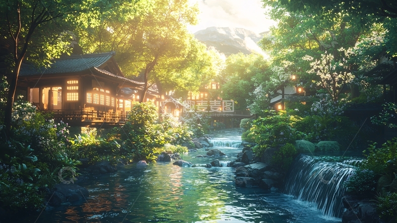 高清大图下载【趣麦麦图】清晨山林溪流小屋