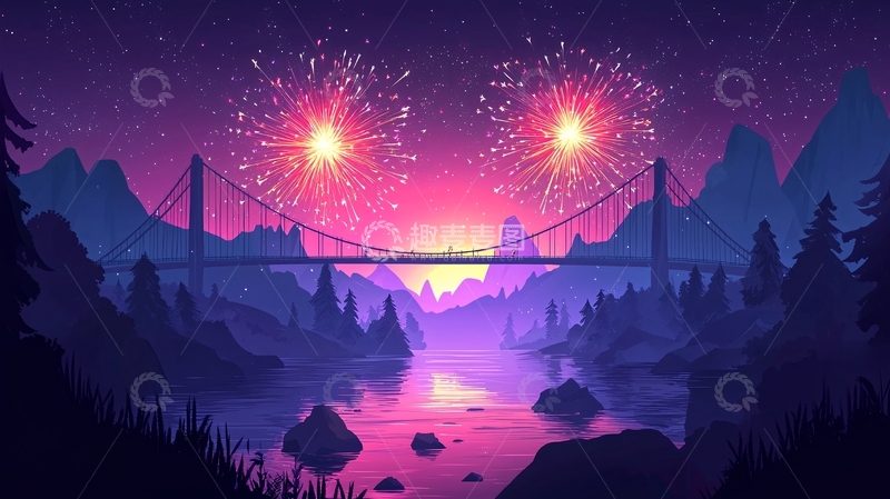高清大图下载【趣麦麦图】梦幻夜晚烟火桥梁