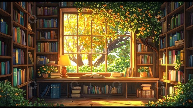 高清大图下载【趣麦麦图】阳光洒进书架的书房