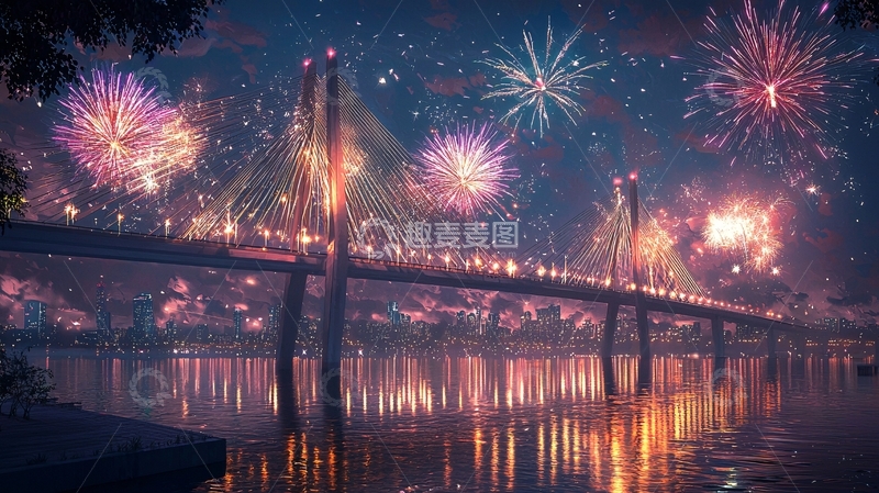 高清大图下载【趣麦麦图】夜晚烟火桥梁景色
