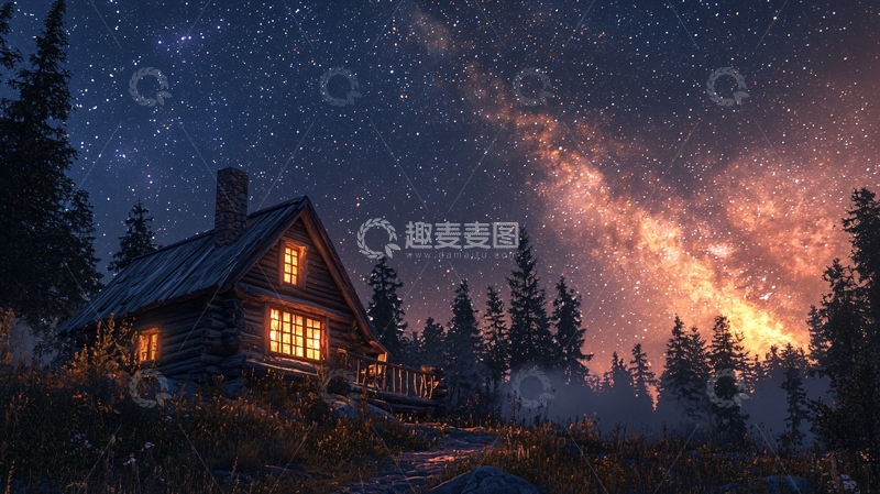 高清大图下载【趣麦麦图】星空下的木屋