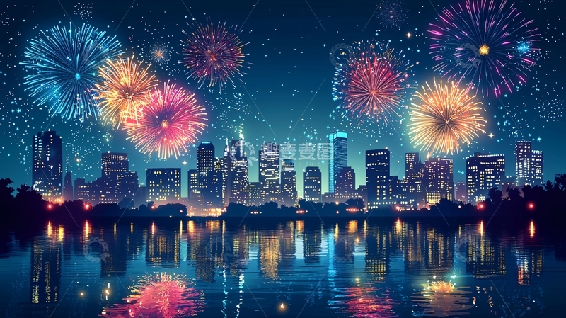 高清大图下载【趣麦麦图】绚丽烟花城市夜景