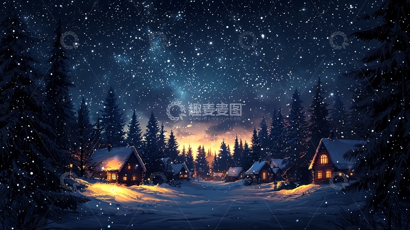 高清大图下载【趣麦麦图】下雪的森林小屋村庄