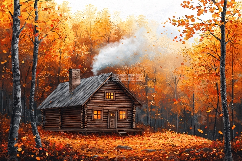 高清大图下载【趣麦麦图】秋日森林木屋