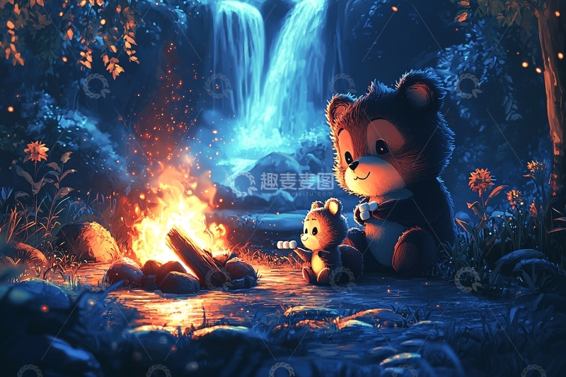 高清大图下载【趣麦麦图】森林小熊篝火