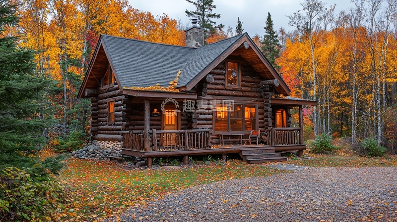 高清大图下载【趣麦麦图】秋日森林中的原木小屋