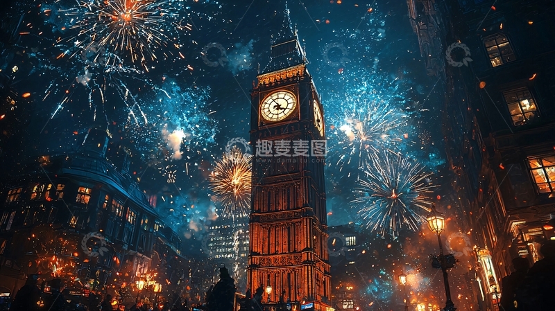 高清大图下载【趣麦麦图】伦敦大本钟新年烟火