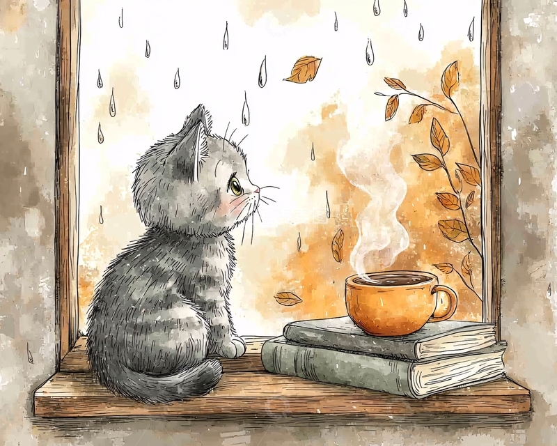 高清大图下载【趣麦麦图】小猫雨天看窗外