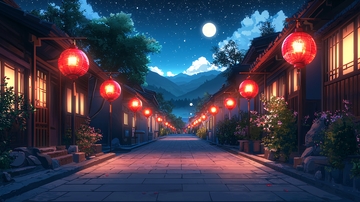 夜晚小镇红灯笼