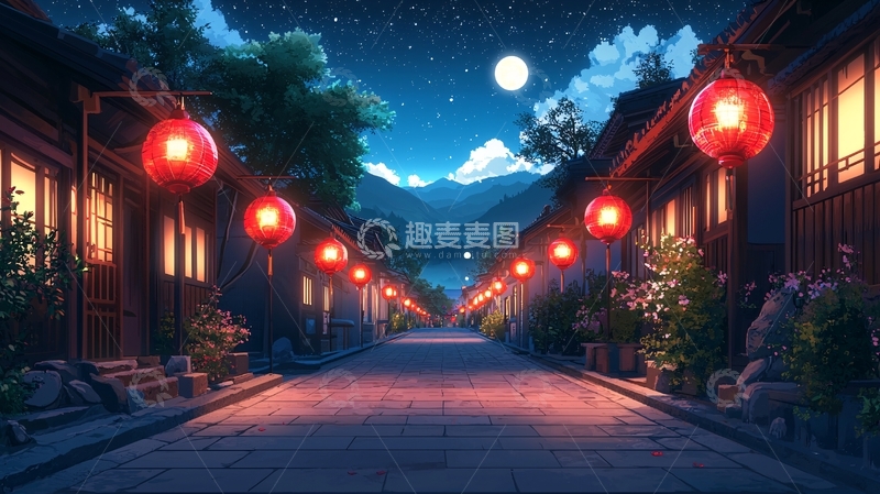 高清大图下载【趣麦麦图】夜晚小镇红灯笼
