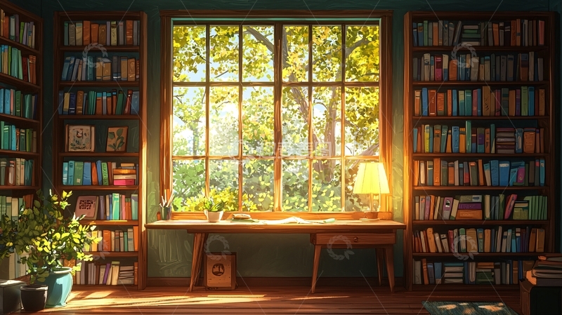 高清大图下载【趣麦麦图】阳光洒进书房的书架