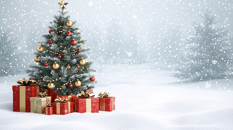高清大图下载【趣麦麦图】圣诞节雪景树下礼物