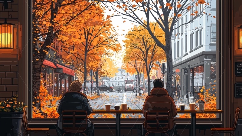 高清大图下载【趣麦麦图】秋日咖啡馆街景