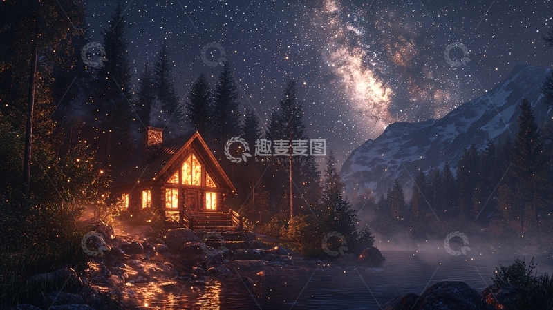 高清大图下载【趣麦麦图】星空下的湖边小屋