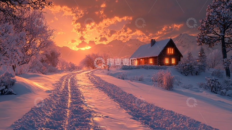 高清大图下载【趣麦麦图】冬日雪景小屋黄昏