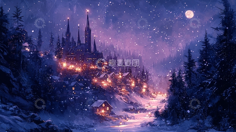 高清大图下载【趣麦麦图】雪夜城堡小镇