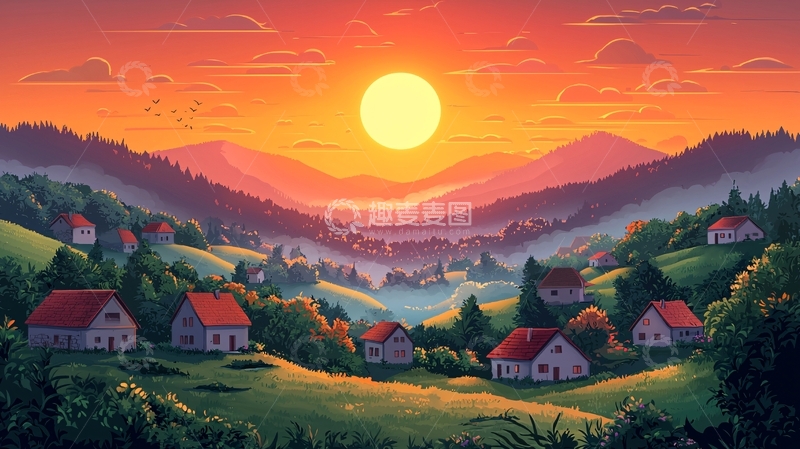 高清大图下载【趣麦麦图】夕阳下的山谷小镇