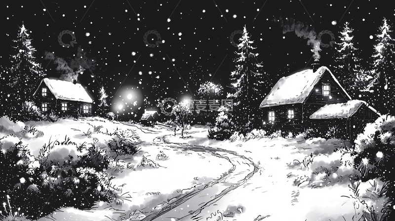 高清大图下载【趣麦麦图】黑白色调的冬夜雪景村庄