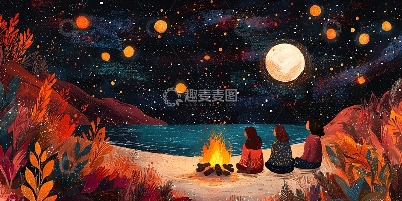 高清大图下载【趣麦麦图】篝火旁的星空夜晚