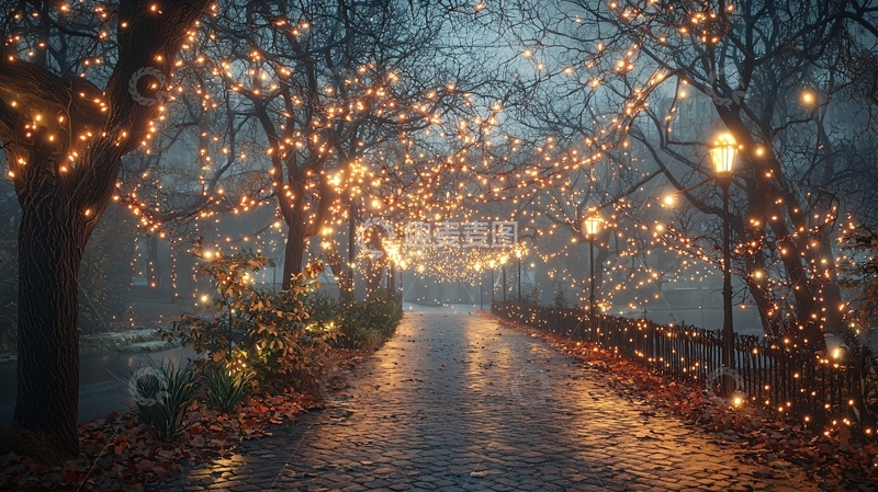 高清大图下载【趣麦麦图】雾气朦胧的灯光小路