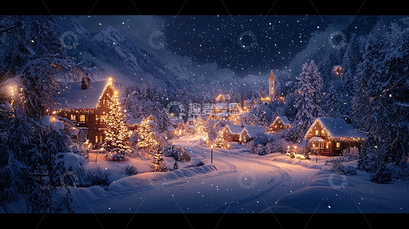 高清大图下载【趣麦麦图】雪夜小镇