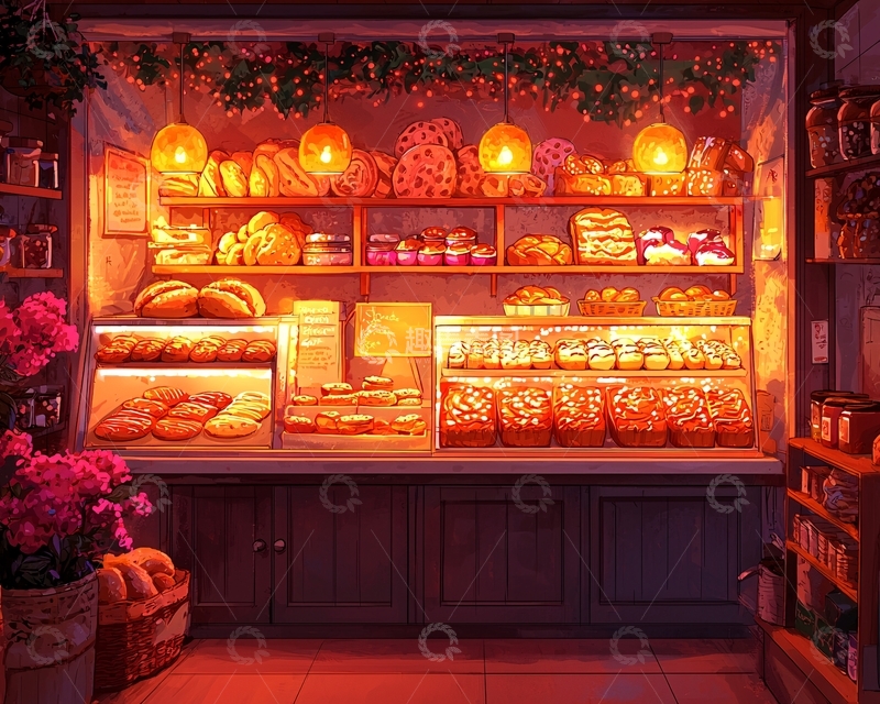 高清大图下载【趣麦麦图】温暖灯光下的面包店