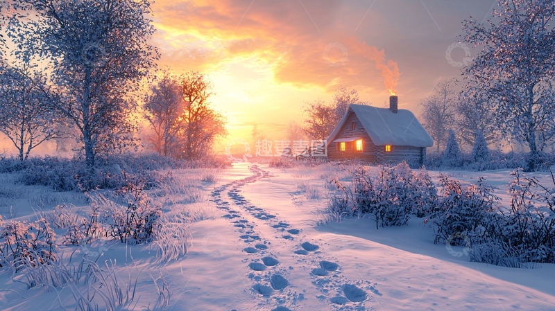 高清大图下载【趣麦麦图】雪景小屋日落